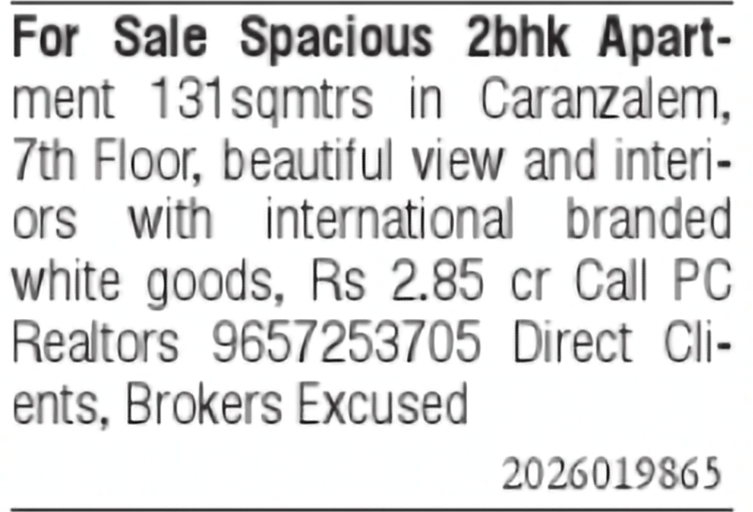 Premium 2 BHK Apartment for Sale in Caranzalem