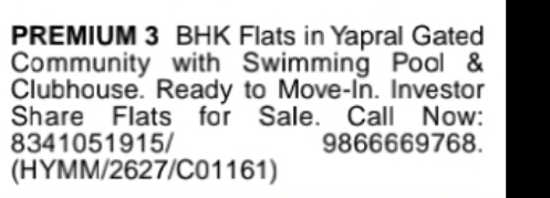 Premium 3 BHK Flats for Sale at Yapral Gated Community