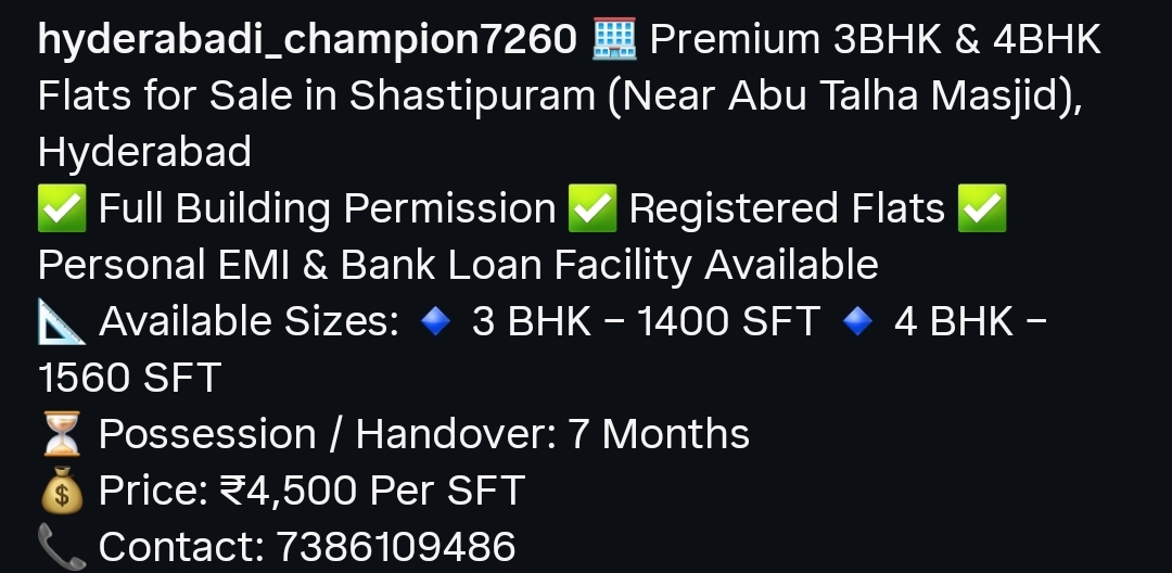 Premium 3BHK and 4BHK Flats for Sale in Shastipuram, near Abu Talha Masjid, Hyderabad.