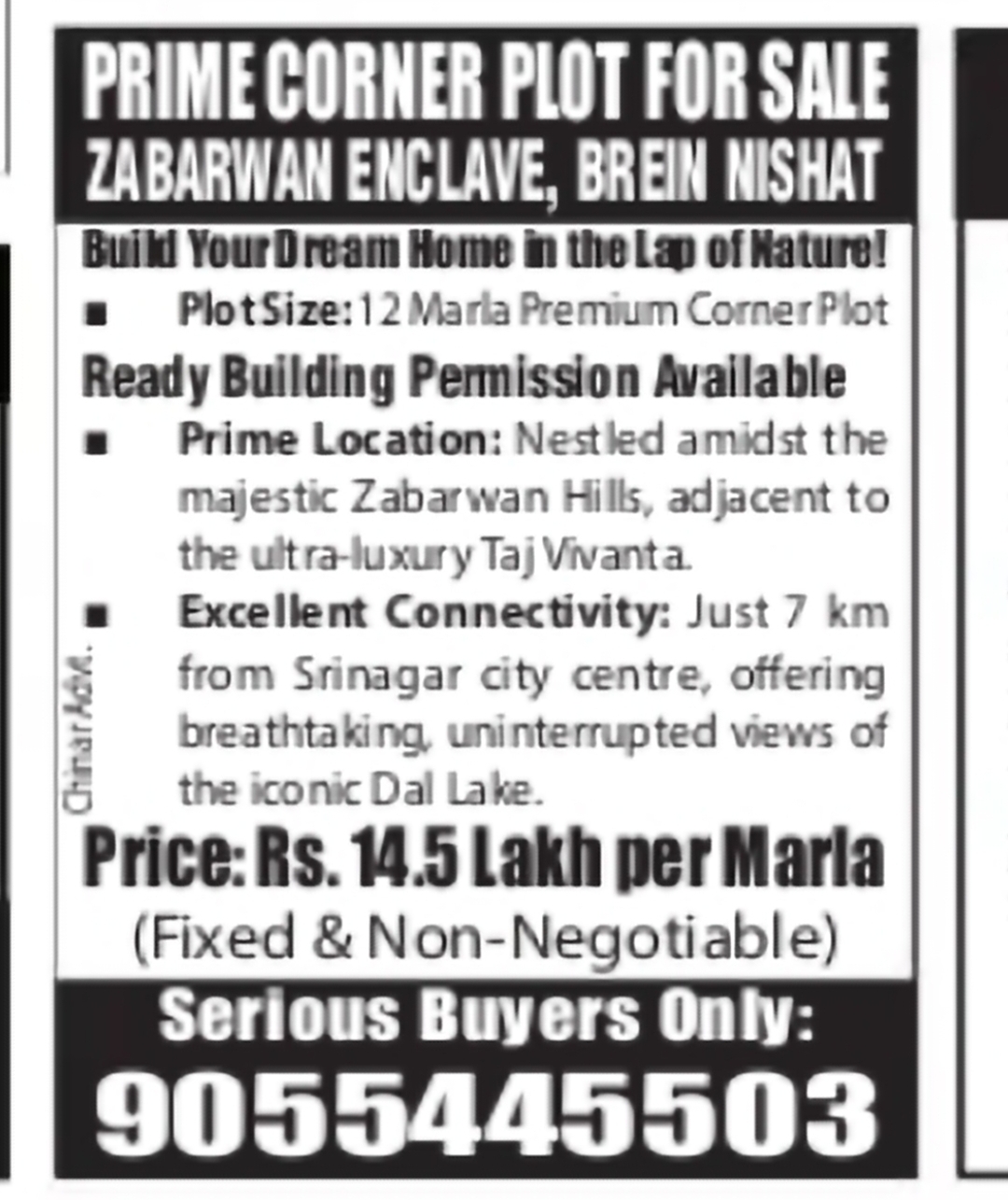 Premium Corner Plot for Sale at Zabarwan Enclave