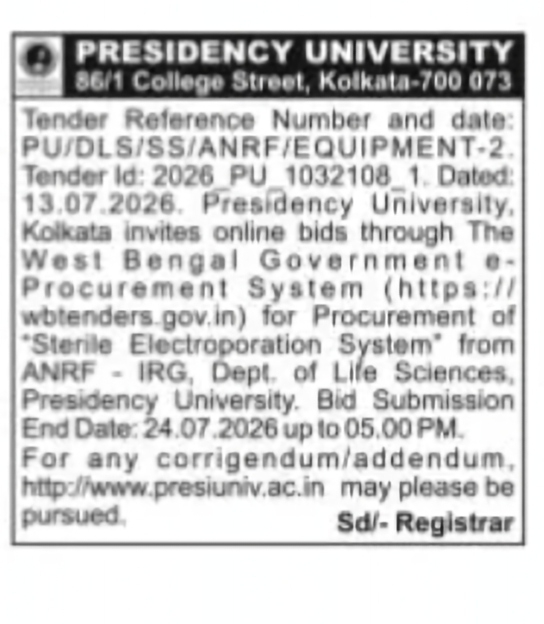 Presidency University Invites Bids for Scientific Equipment