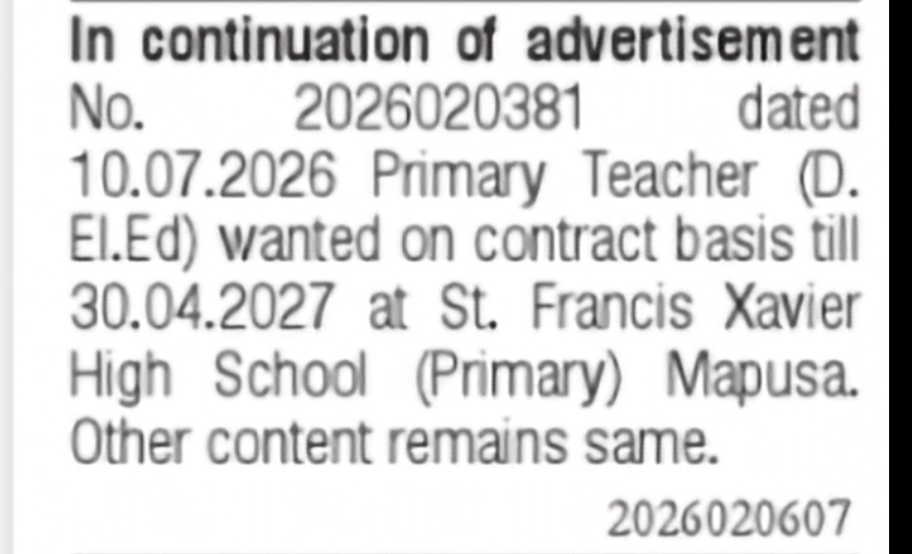 Primary Teacher Required – St. Francis Xavier High School, Mapusa