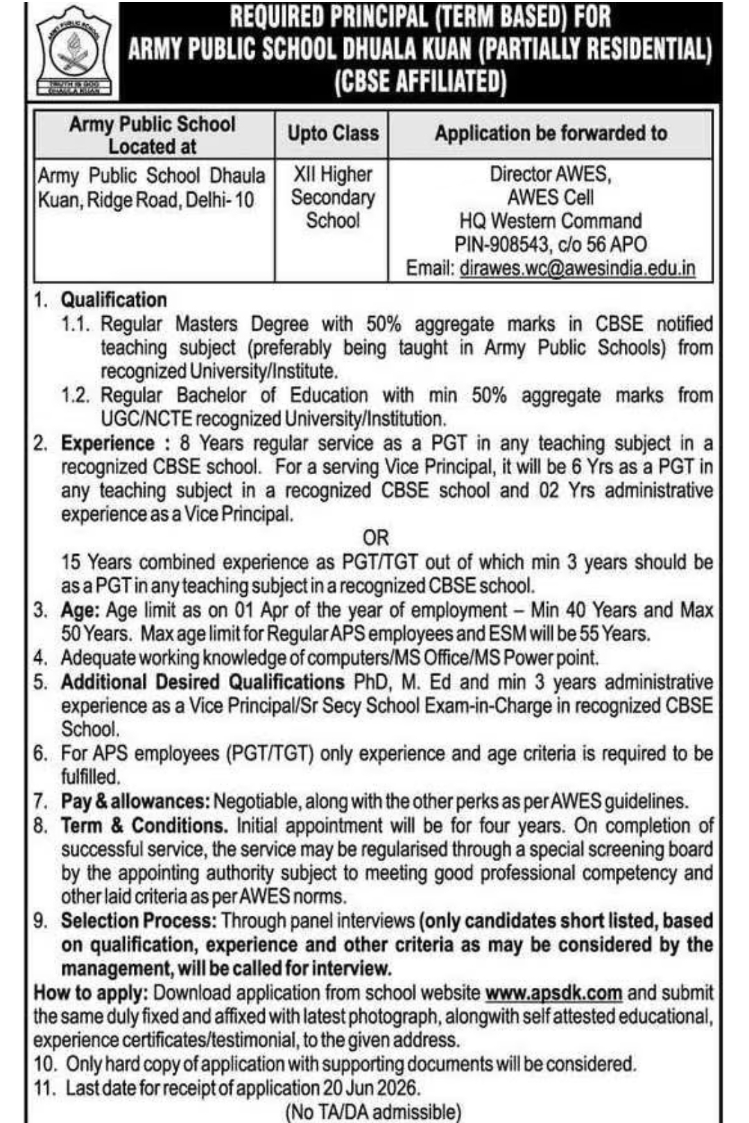 Principal Recruitment 2026 – Army Public School Dhaula Kuan