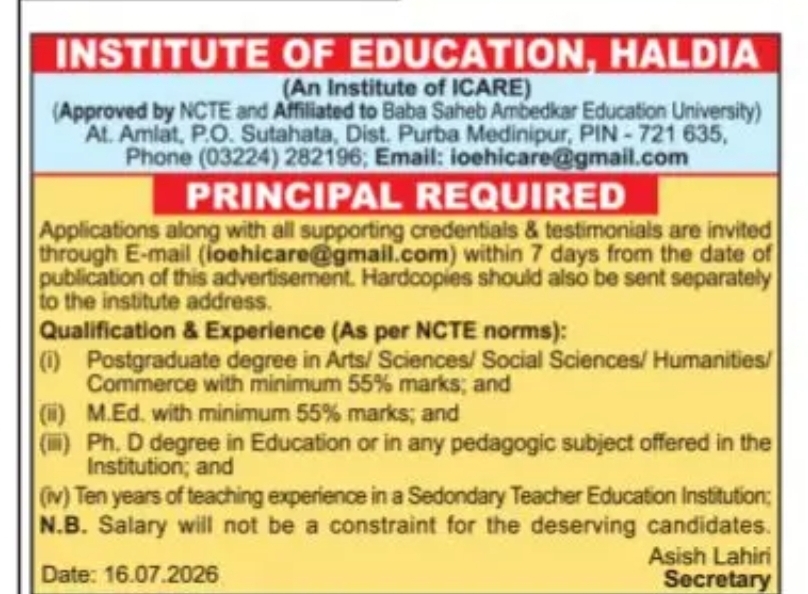 Principal Required – Institute of Education, Haldia, West Bengal