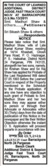 Probate Notice – Madhuri Shaw & Others