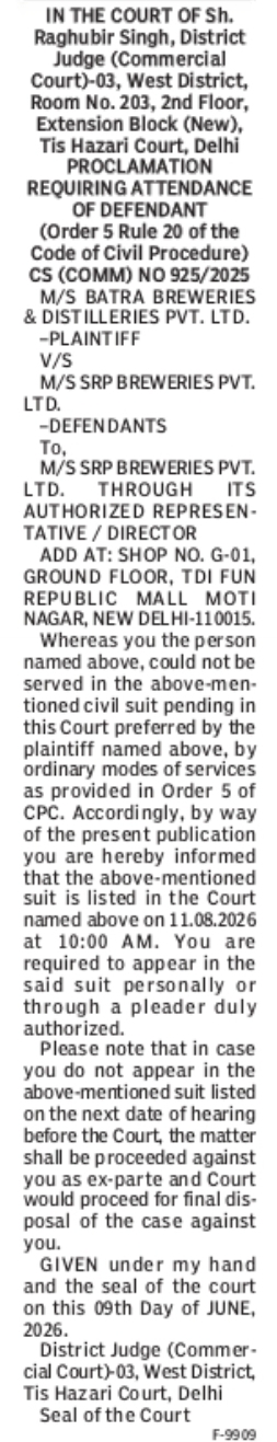 Proclamation Requiring Attendance of Defendant – CS (COMM) No. 925/2025