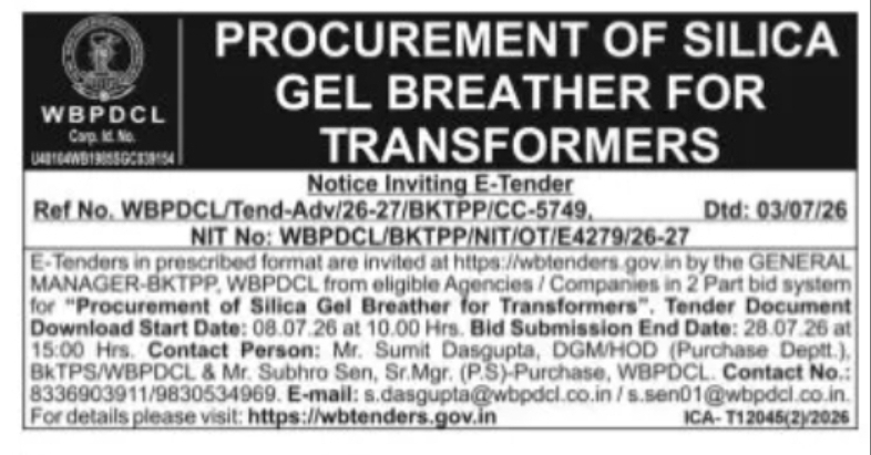 Procurement of Silica Gel Breather for Transformers – WBPDCL Tender