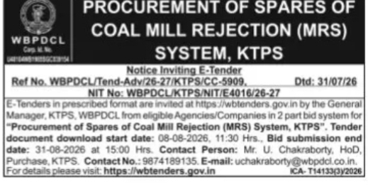 Procurement of Spares for Coal Mill Rejection System – KTPS