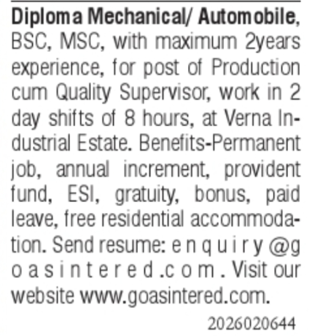 Production Cum Quality Supervisor Required – Verna Industrial Estate, Goa