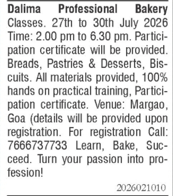 Professional Bakery Classes in Margao – July 2026