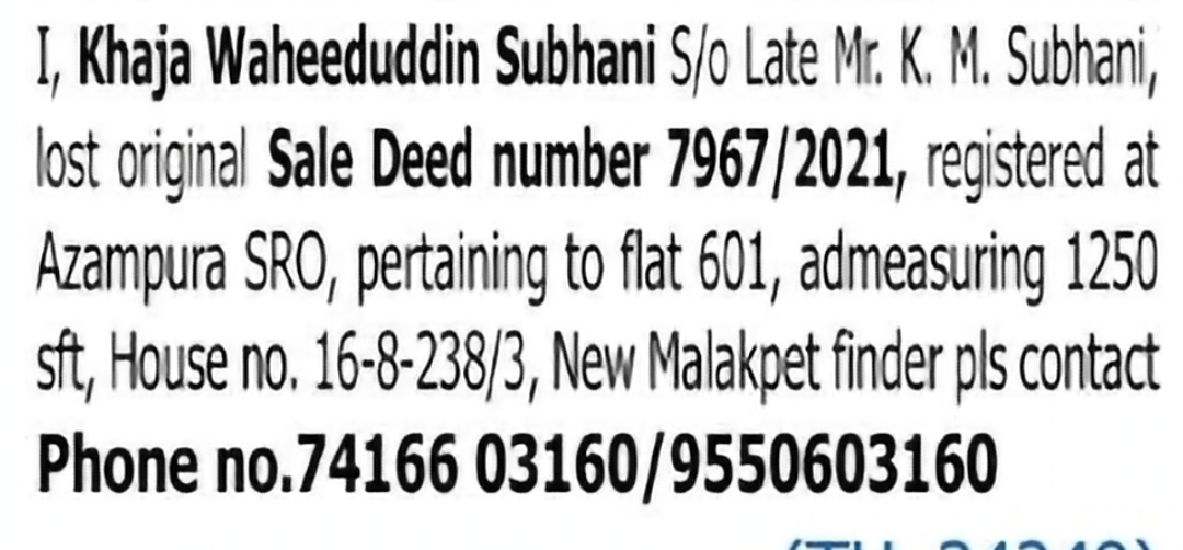 Property Documents Lost – New Malakpet, Hyderabad