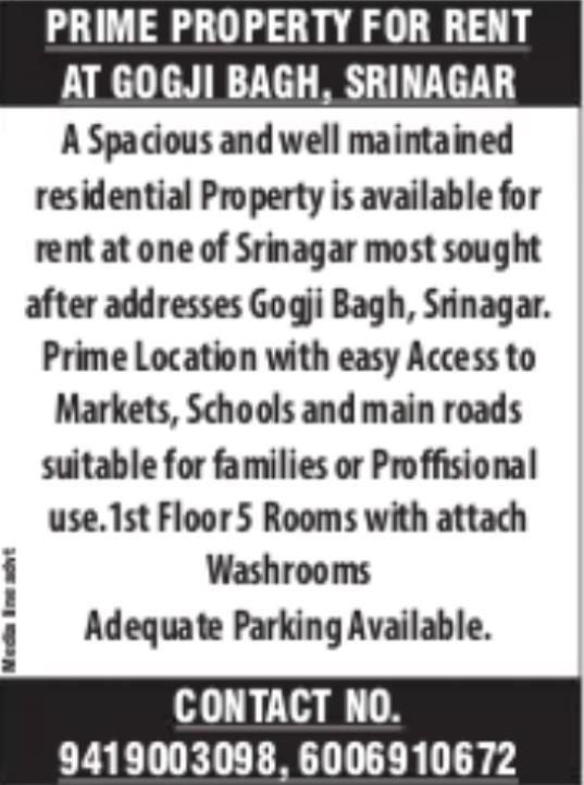 PROPERTY FOR RENT – GOGJI BAGH, SRINAGAR