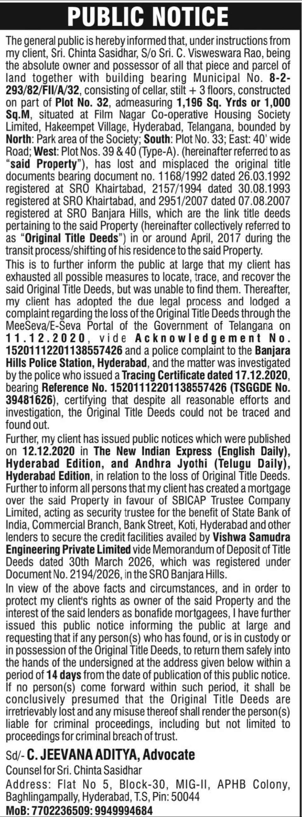 Property Title Deed Loss Public Notice – Hyderabad, Telangana