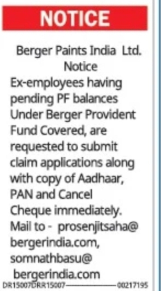 Provident Fund Claim Notice – Berger Paints India Ltd.