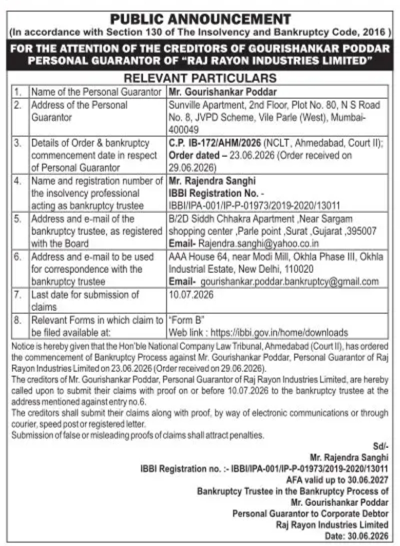 Public Announcement – Bankruptcy Process Against Personal Guarantor of Raj Rayon Industries Limited