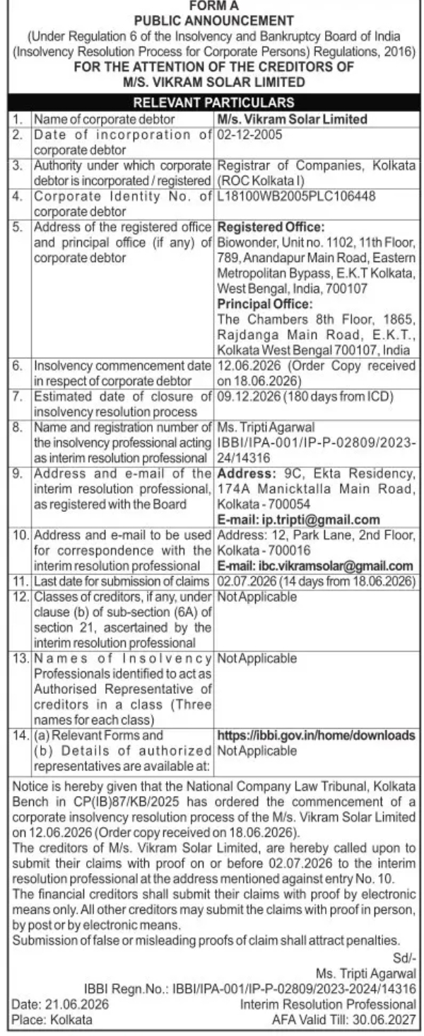 Public Announcement for Commencement of CIRP against M/s. Vikram Solar Limited – Call for Submission of Claims by Creditors