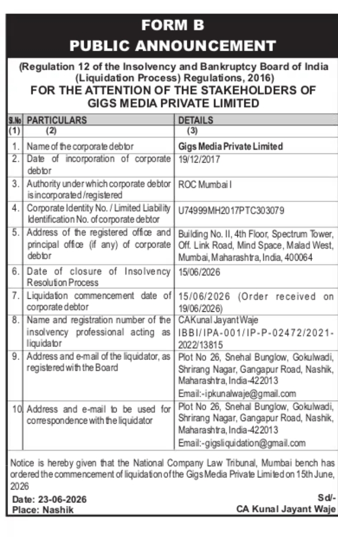 Public Announcement – Form B (Insolvency and Bankruptcy Code, 2016)