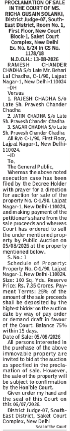Public Auction Notice – Property Sale at Lajpat Nagar-1, New Delhi