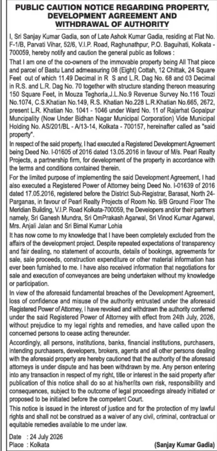 Public Caution Notice – Property Development Agreement and Withdrawal of Authority