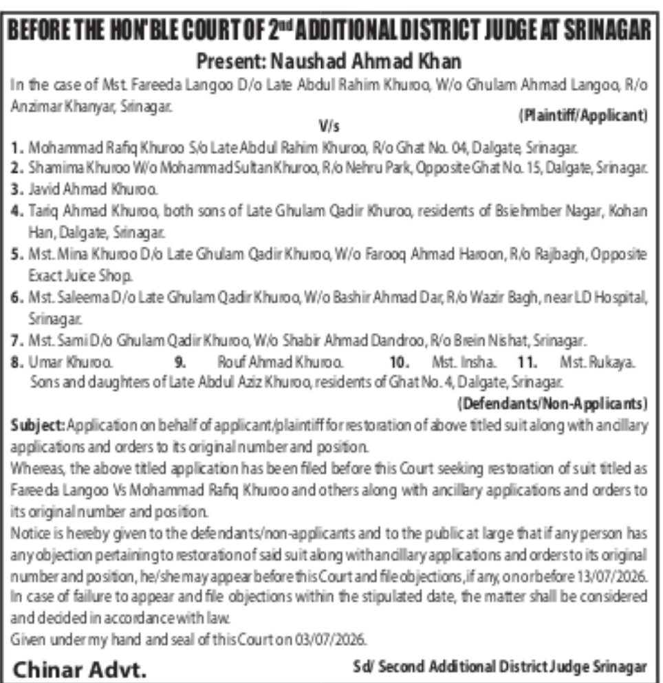 Public Court Notice – Restoration of Civil Suit