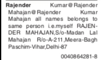 PUBLIC DECLARATION OF NAME Rajender Kumar Mahajan
