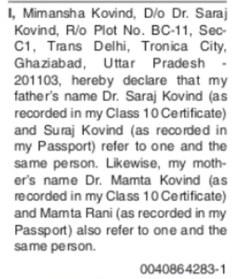 PUBLIC DECLARATION REGARDING PARENTS' NAMES Mimansha Kovind