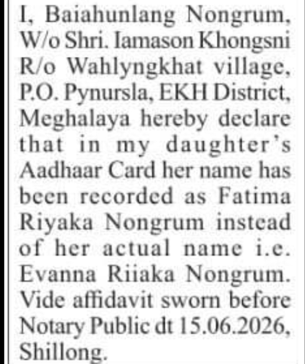 Public Notice – Aadhaar Name Correction (Evanna Riiaka Nongrum)