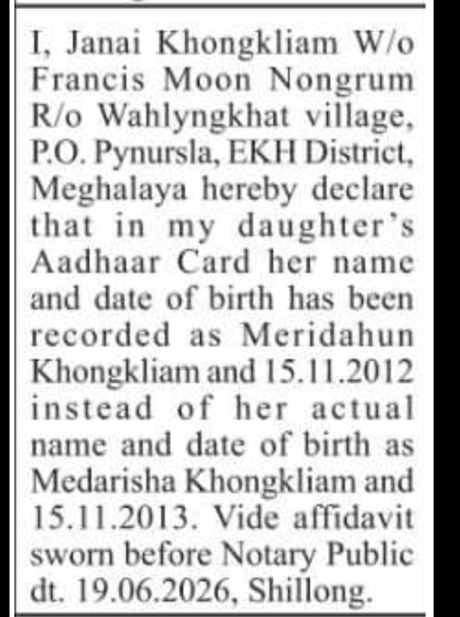 Public Notice – Aadhaar Name & Date of Birth Correction (Medarisha Khongkliam)