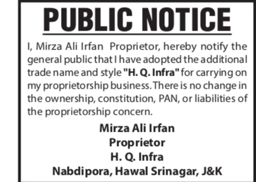 PUBLIC NOTICE – Adoption of Additional Trade Name "H. Q. Infra"