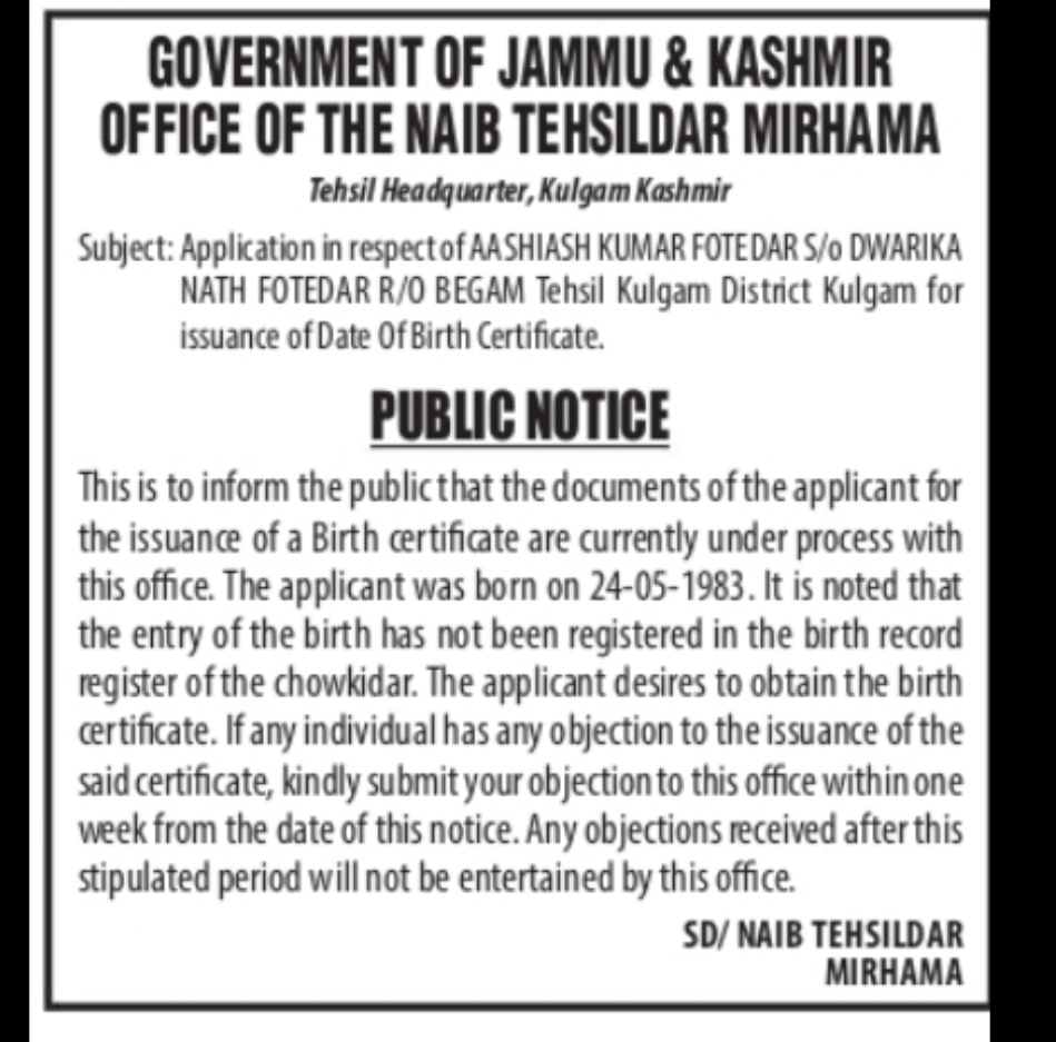 PUBLIC NOTICE – Application for Issuance of Birth Certificate (Mirhama, Kulgam)