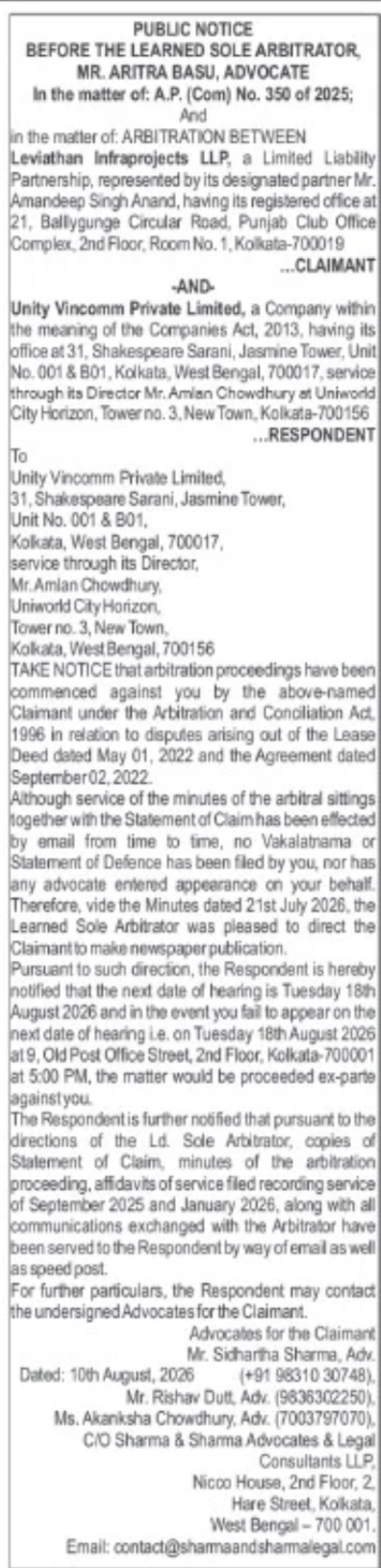 Public Notice – Arbitration Proceedings Against Unity Vincomm Pvt. Ltd.