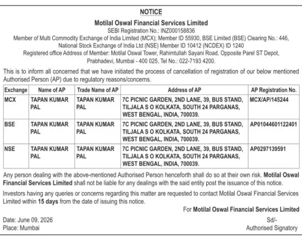 Public Notice: Cancellation of AP Registration – Tapan Kumar Pal