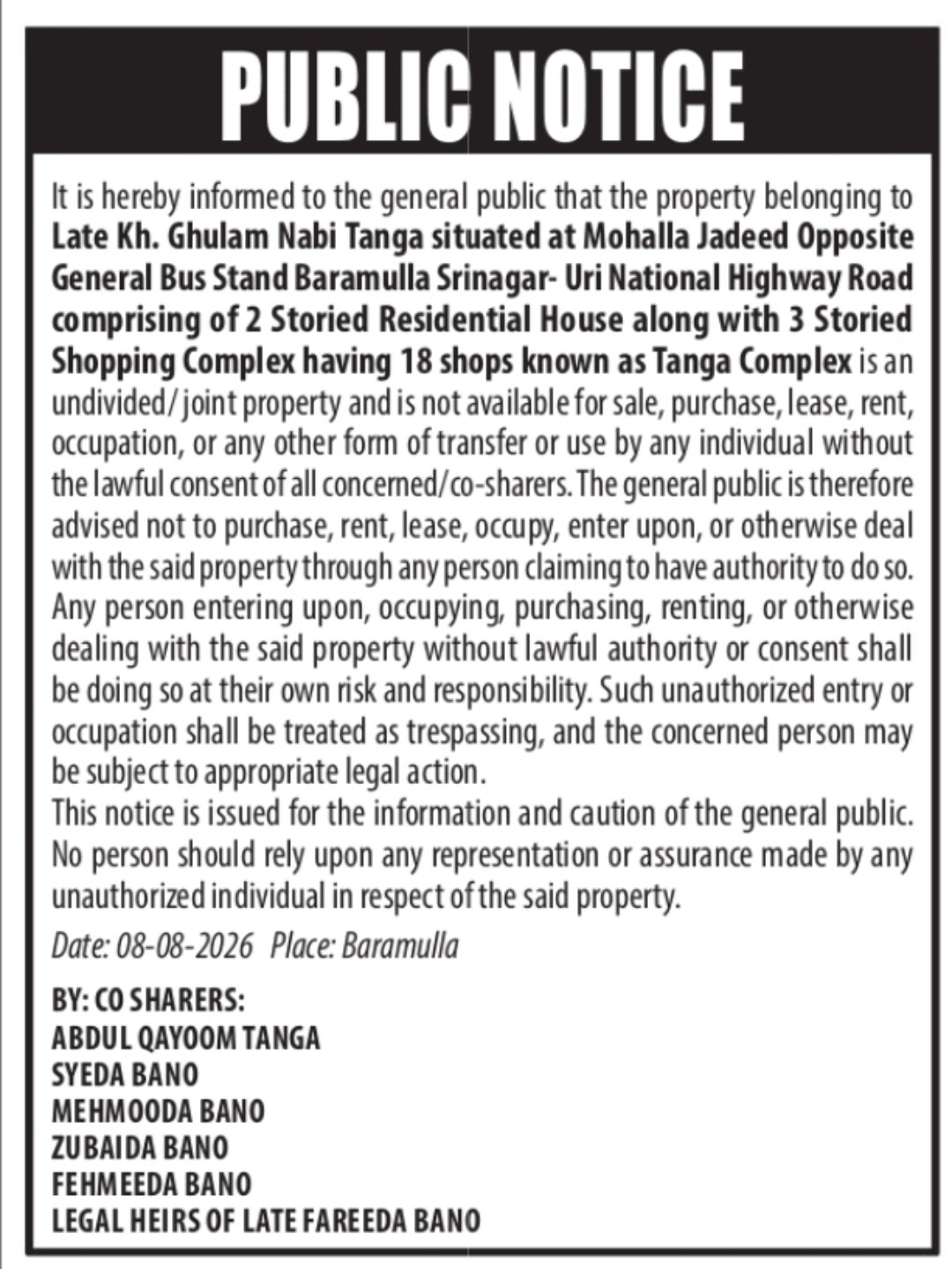 PUBLIC NOTICE – CAUTION REGARDING TANGA COMPLEX PROPERTY