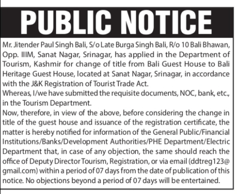 Public Notice – Change of Guest House Name in Srinagar