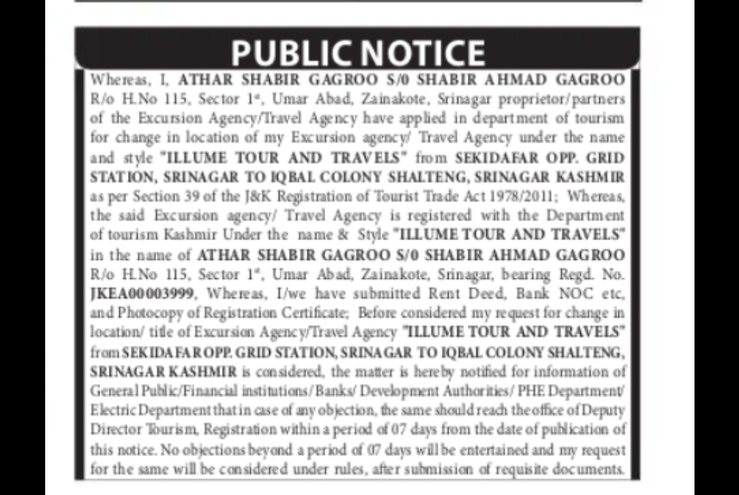 Public Notice – Change of Location of Illume Tour and Travels, Srinagar