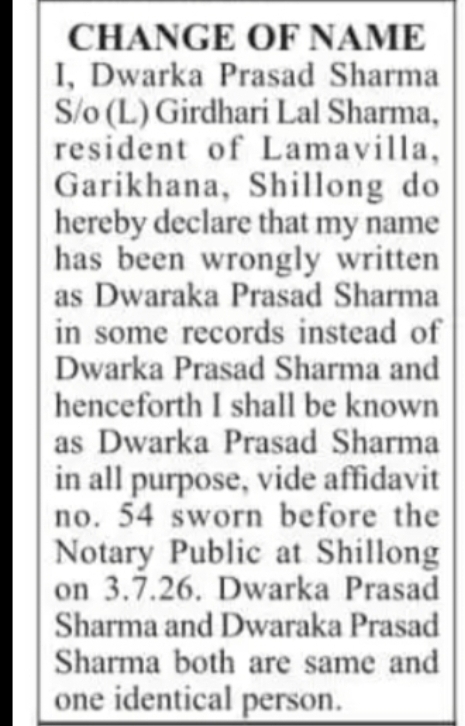 Public Notice – Change of Name Dwarka Prasad Sharma
