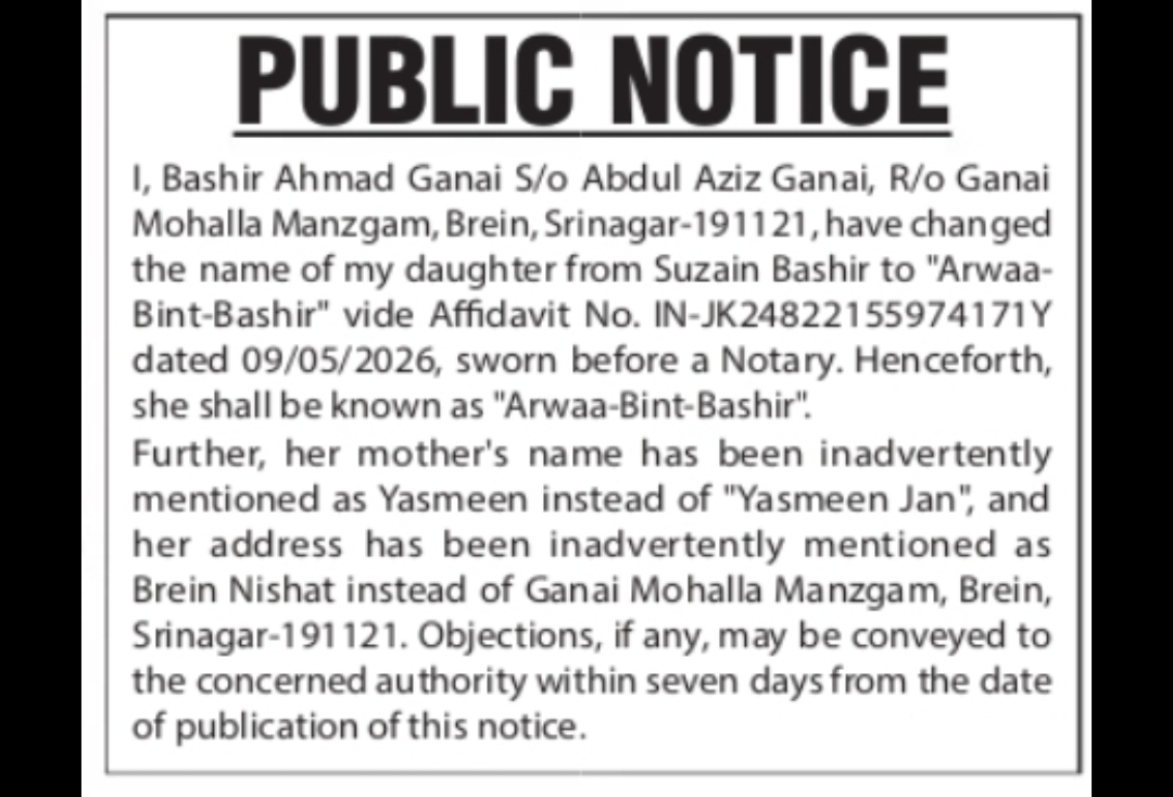 PUBLIC NOTICE – CHANGE OF NAME