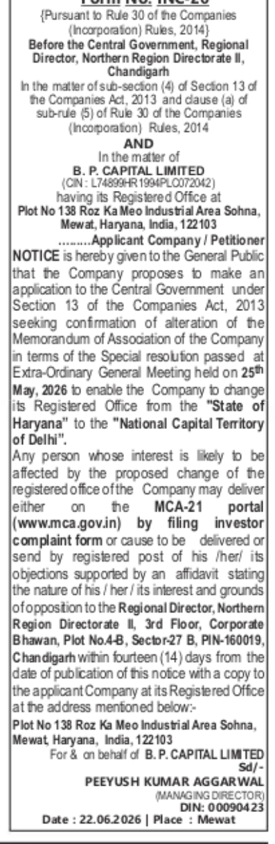 PUBLIC NOTICE – Change of Registered Office from Haryana to NCT of Delhi (Section 13 of Companies Act, 2013)