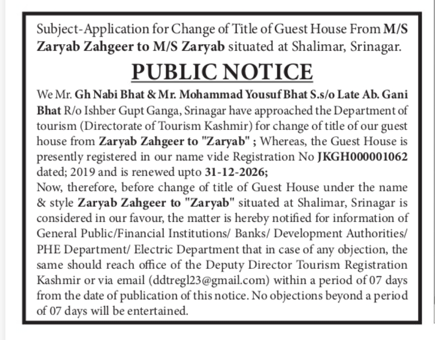 Public Notice – Change of Title of Guest House