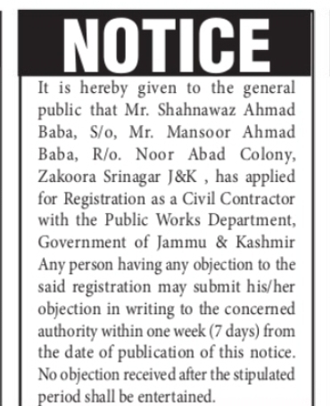 Public Notice – Civil Contractor Registration