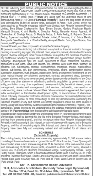 Public Notice – Claims Invited for Phoenix Infraspace India Pvt. Ltd. Property at Gachibowli, Hyderabad