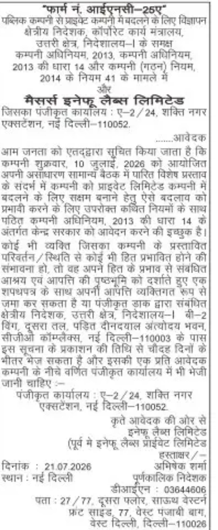 Public Notice – Conversion of Inefu Labs Limited from Public Company to Private Company