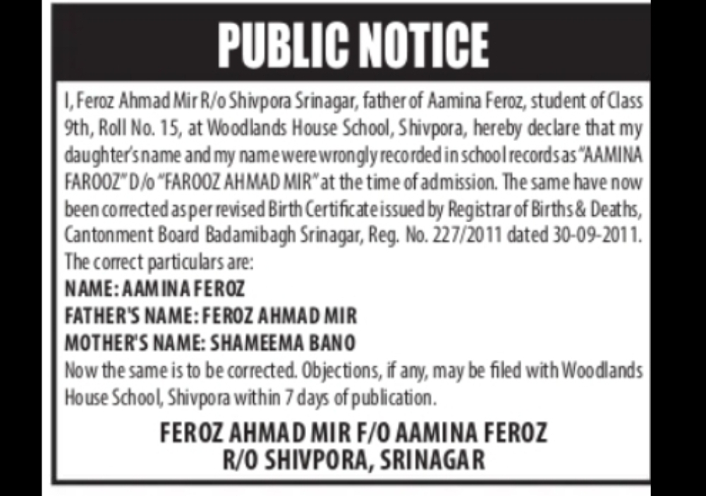 PUBLIC NOTICE – Correction of Name in School Records (Shivpora, Srinagar)