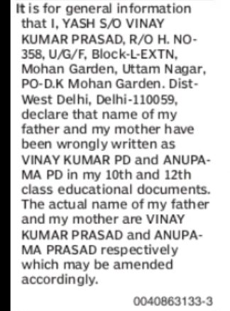PUBLIC NOTICE – CORRECTION OF PARENTS' NAMES IN EDUCATIONAL RECORDS Yash, son of Vinay Kumar Prasad