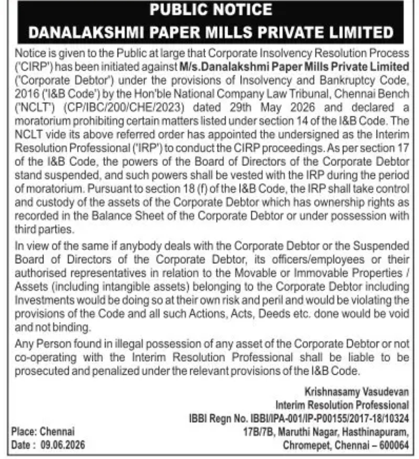 Public Notice – Danalakshmi Paper Mills Private Limited
