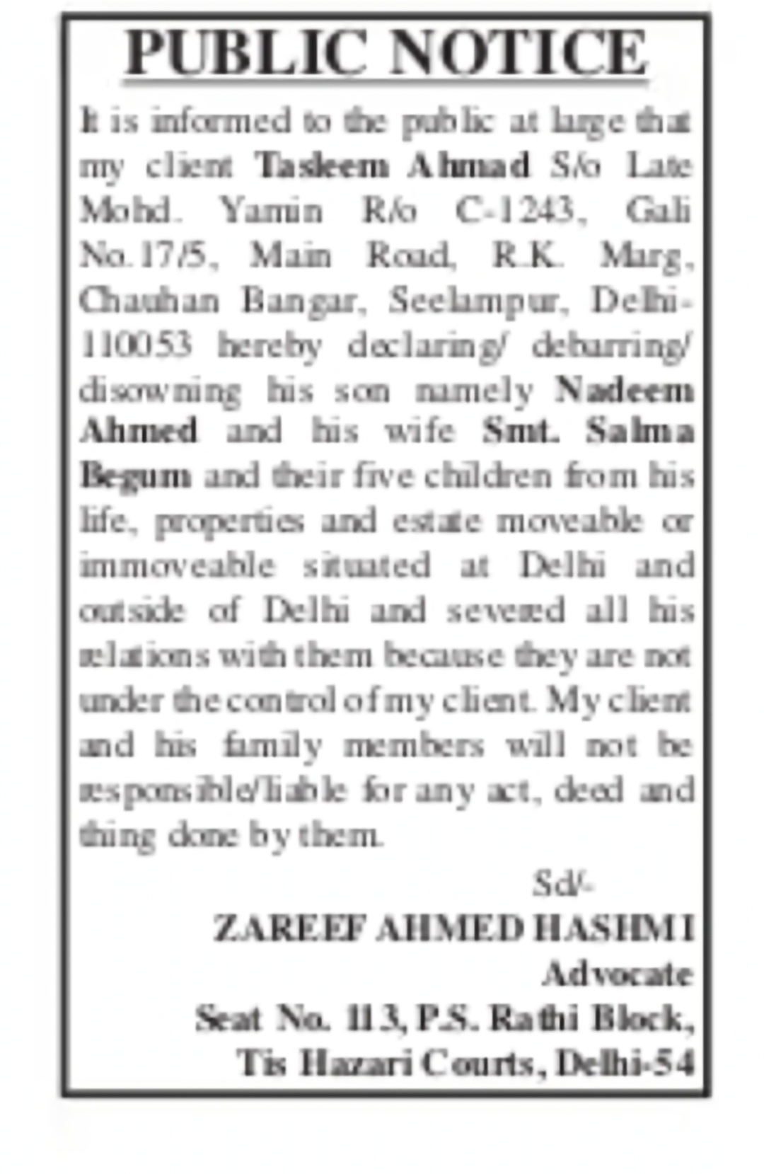 Public Notice – Disowning and Debarring Son and Family