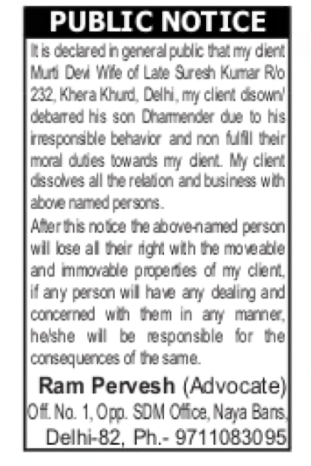 Public Notice – Disowning and Debarring Son