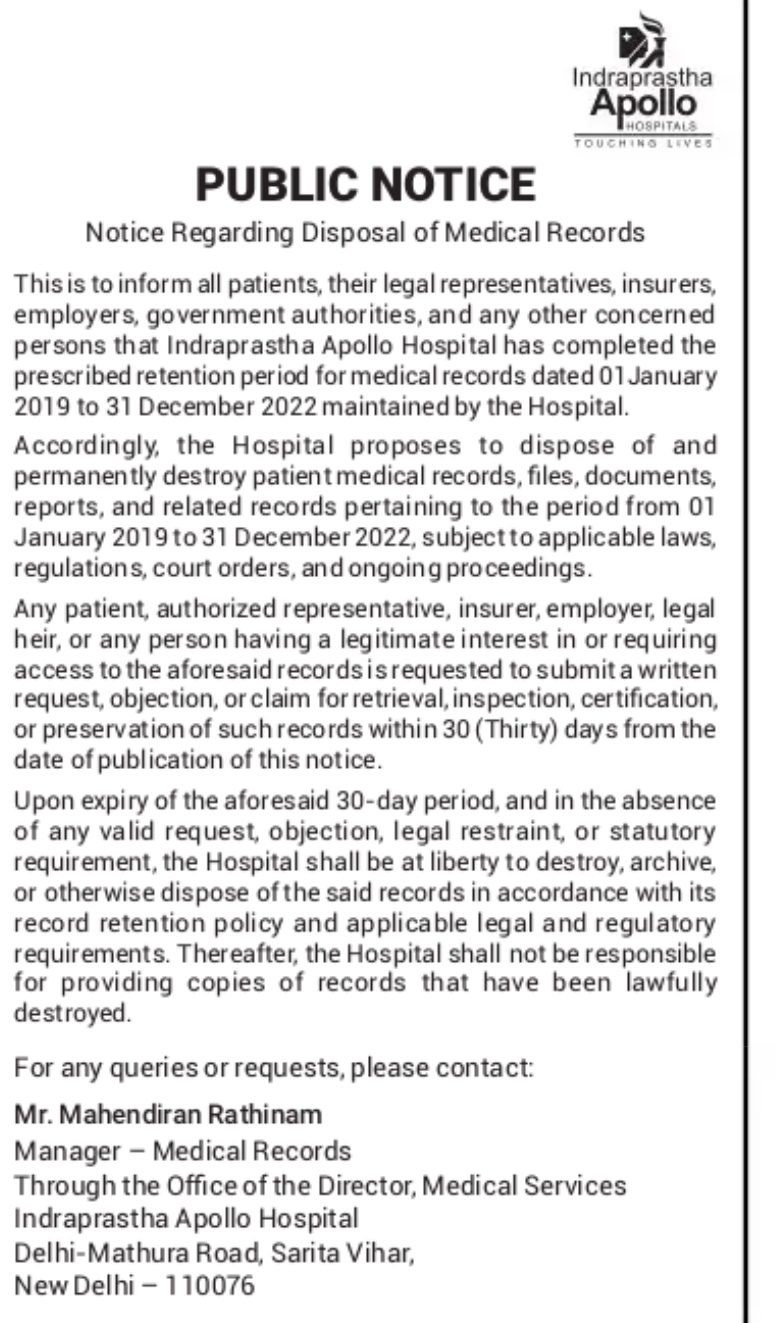 Public Notice – Disposal of Medical Records (2019–2022) by Indraprastha Apollo Hospital