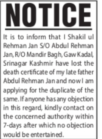 PUBLIC NOTICE – DUPLICATE DEATH CERTIFICATE Abdul Rehman Jan