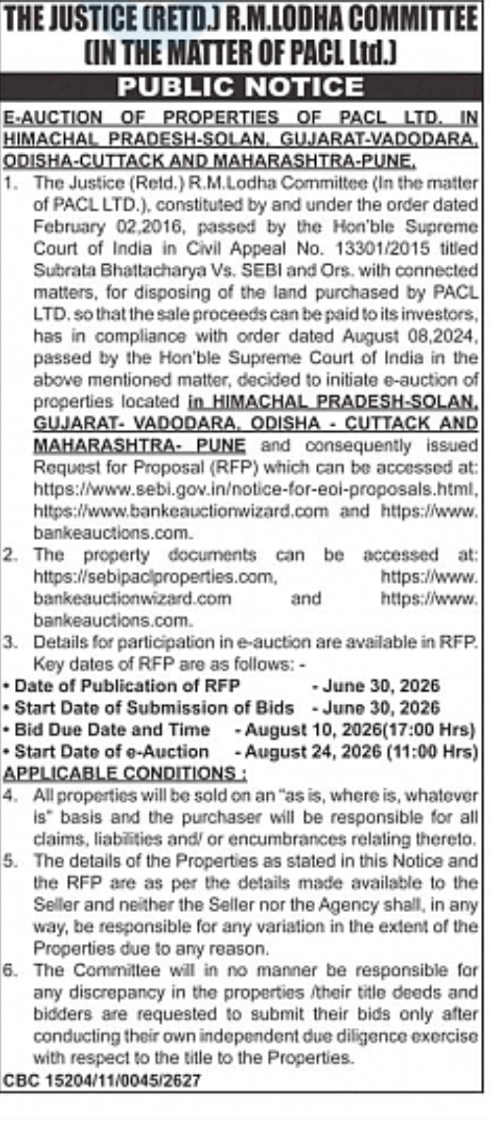 Public Notice – E-Auction of PACL Ltd. Properties